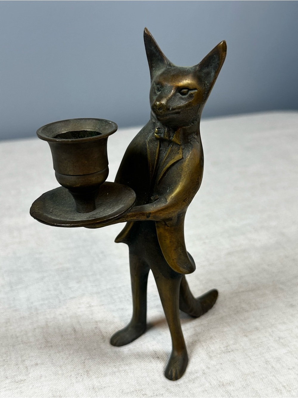 Anthropomorphic Brass Fox Butler Candle Holder - Vintage-